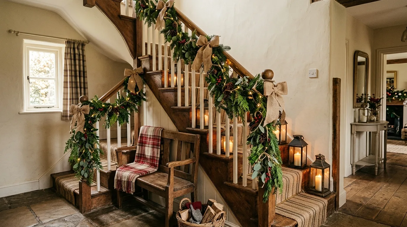 Let ornaments and accents stay clustered instead of scattered inspiration for a Christmas staircase.